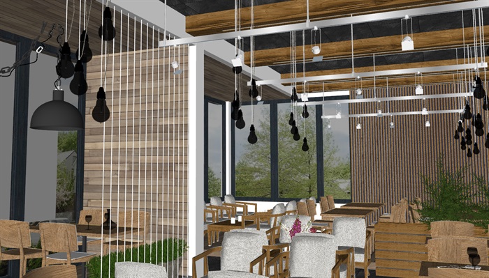 北欧简约风格暖色调木质软装咖啡厅民宿餐厅(4)