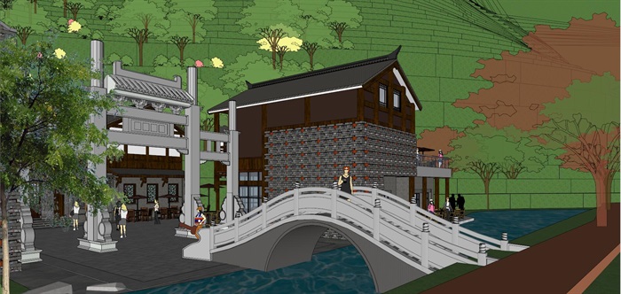 仿古中式弧形滨水酒吧街商业风情步行街中式度假景区规划(7)