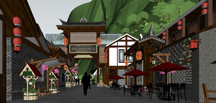 仿古中式弧形滨水酒吧街商业风情步行街中式度假景区规划(11)