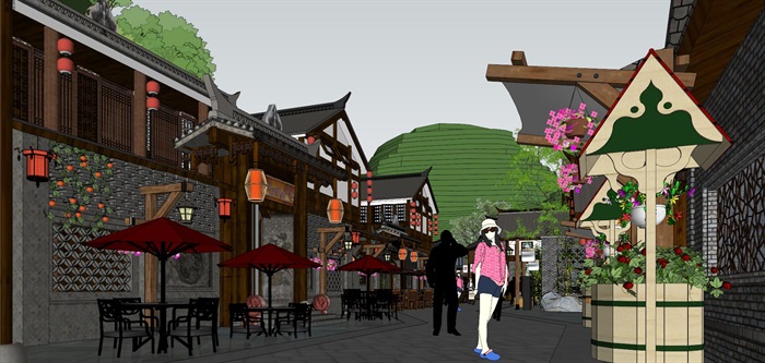 仿古中式弧形滨水酒吧街商业风情步行街中式度假景区规划(12)