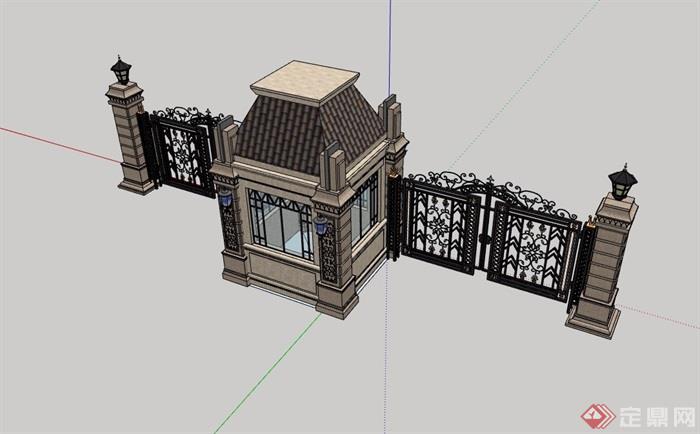 欧式风格住宅详细完整的小区大门su模型