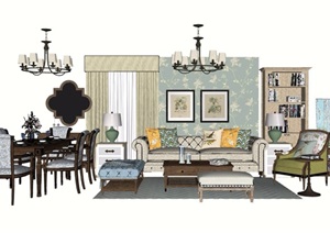 简欧风格详细的完整室内客厅沙发茶几、灯饰、桌椅SU(草图大师)模型