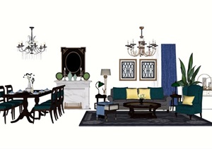 简欧风格详细的客厅沙发茶几、灯饰、餐桌椅组合设计SU(草图大师)模型