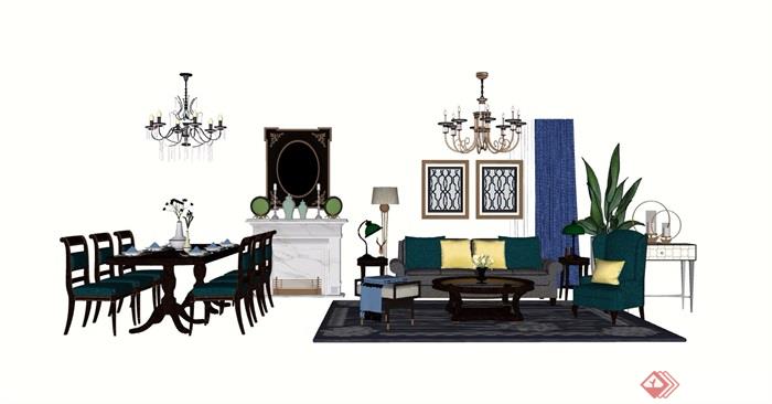 简欧风格详细的客厅沙发茶几、灯饰、餐桌椅组合设计su模型