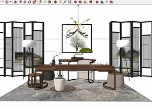 书房桌椅、屏风、灯饰家具组合设计SU(草图大师)模型
