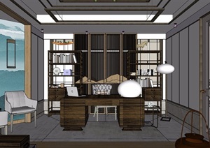 中式风格详细的室内书房空间设计SU(草图大师)模型
