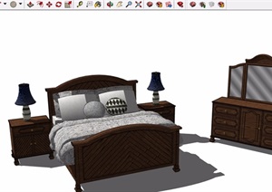 欧式风格详细的卧室床、柜子组合素材设计SU(草图大师)模型