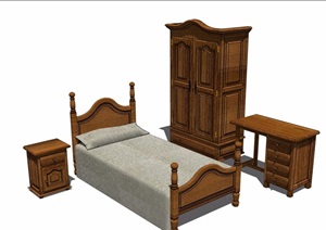 欧式风格详细的卧室床、柜子、桌子组合设计SU(草图大师)模型