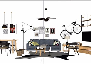 详细的完整沙发茶几、桌椅、柜子、电视、吊灯组合设计SU(草图大师)模型