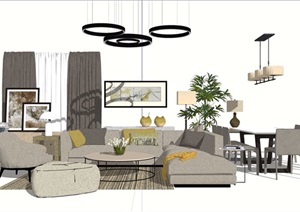现代详细的室内客厅家具素材设计SU(草图大师)模型