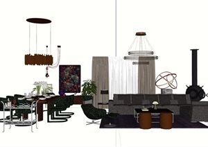 现代详细的室内餐桌椅、沙发茶几素材设计SU(草图大师)模型