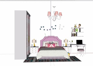 女儿房详细的完整卧室床装饰设计SU(草图大师)模型