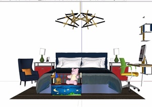 详细的完整卧室床、桌椅、柜子组合设计SU(草图大师)模型