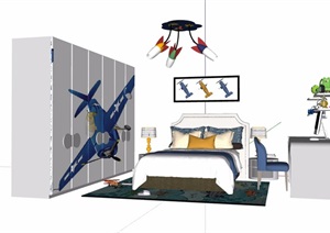 详细的独特完整卧室床、柜子、桌椅素材设计SU(草图大师)模型