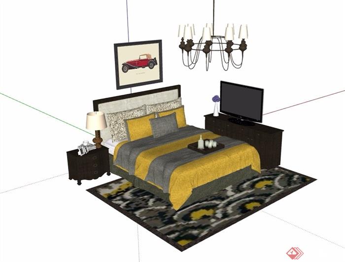 住宅详细的室内卧室床素材设计su模型