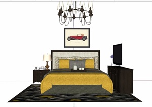 住宅详细的室内卧室床素材设计SU(草图大师)模型