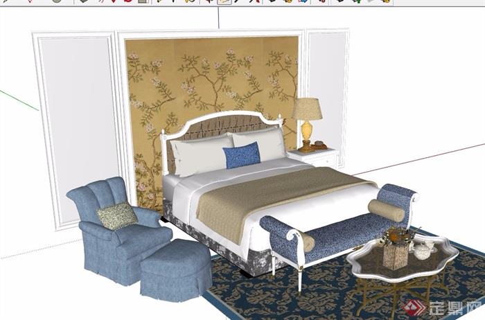 某欧式风格卧室床室内素材设计su模型