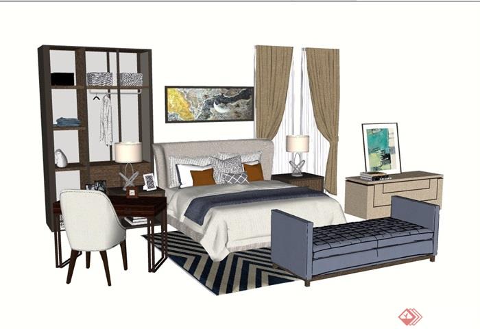 现代详细的完整室内卧室床素材设计su模型