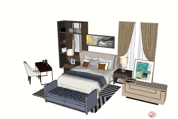 现代详细的完整室内卧室床素材设计su模型