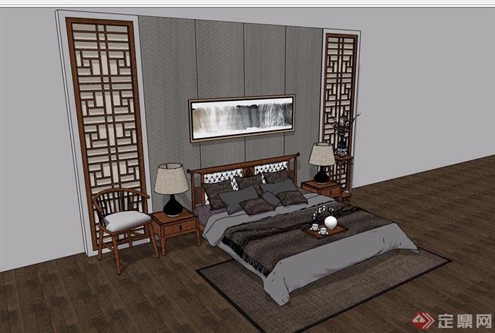 中式详细的室内卧室床素材设计su模型