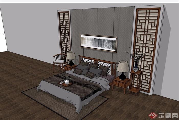 中式详细的室内卧室床素材设计su模型
