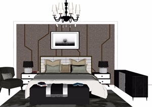 现代详细的住宅室内卧室床SU(草图大师)模型