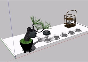 中式茶具及盆栽素材设计SU(草图大师)模型