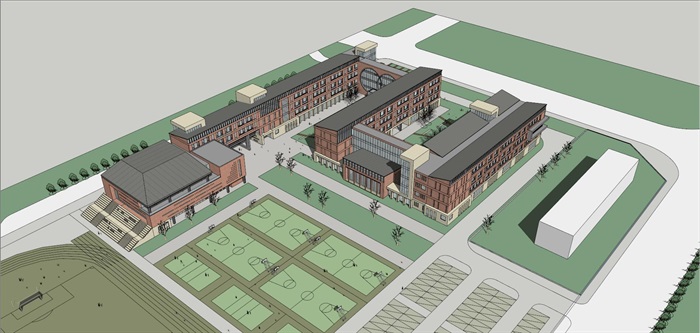 现代创意红砖表皮初中高中学校校园规划设计(2)