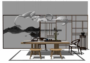 新中式茶台桌椅模型集合
