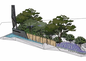现代喷泉水池景墙、种植池设计SU(草图大师)模型