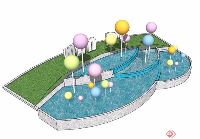 现代详细的完整水景水池设计su模型