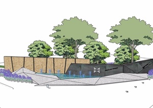 现代喷泉水景墙及种植池设计SU(草图大师)模型