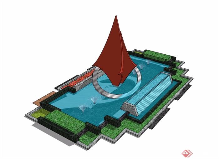 现代独特详细的完整喷泉水景素材设计su模型