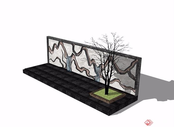 新中式整体节点山水景墙素材su模型