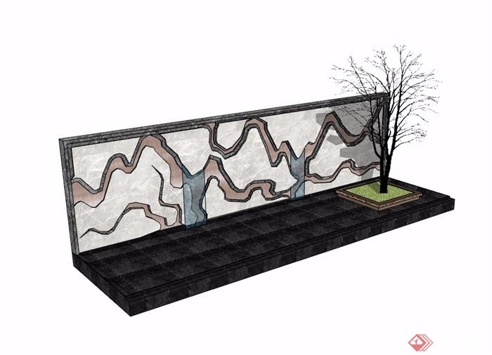 新中式整体节点山水景墙素材su模型