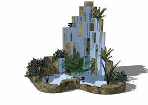 某庭院假山跌水素材设计SU(草图大师)模型