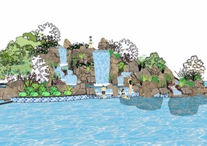 详细的完整现代假山跌水水景素材设计SU(草图大师)模型