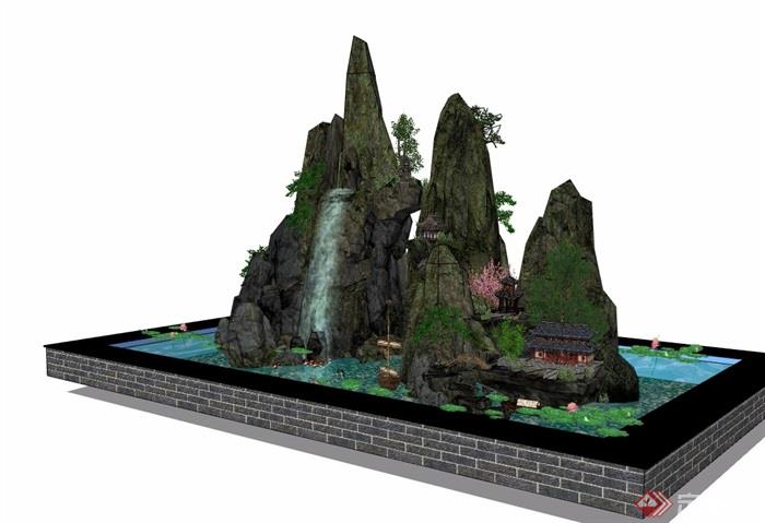 详细的完整假山水池景观素材设计su模型