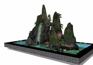 详细的完整假山水池景观素材设计SU(草图大师)模型