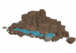 详细的完整假山水池素材设计SU(草图大师)模型
