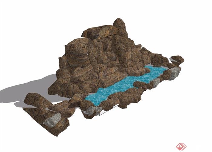 详细的完整假山水池素材设计su模型