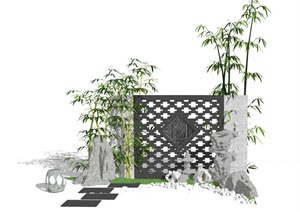 新中式庭院景墙石头景观小品SU(草图大师)模型