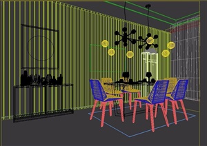 现代餐厅餐桌椅、灯饰组合设计3D模型