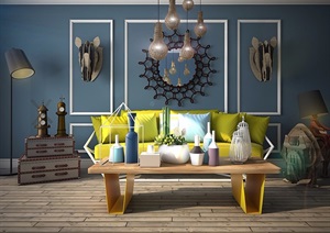 某详细的室内客厅沙发茶几、灯饰组合设计3d模型及效果图
