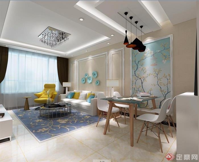 简约详细的室内完整客餐厅装饰设计3d模型及效果图