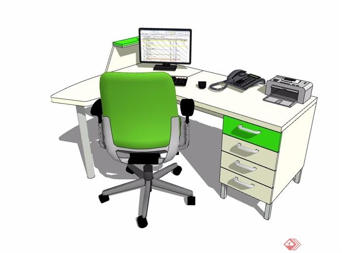 现代风格详细的室内办公电脑桌椅su模型