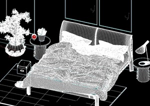 皮革双人床装饰画盆栽组合3D模型