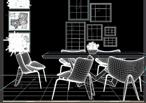 详细的餐厅桌椅、装饰画组合模型