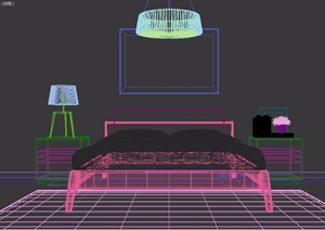 实木双人床床头柜吊灯装饰画3D模型