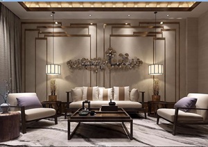 新中式客厅详细组合家具素材3D模型及效果图